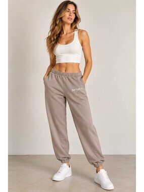 NATURYL Womens Taupe Tan Brown Jogger Sweatpants Elastic Waist Logo Casual Small
